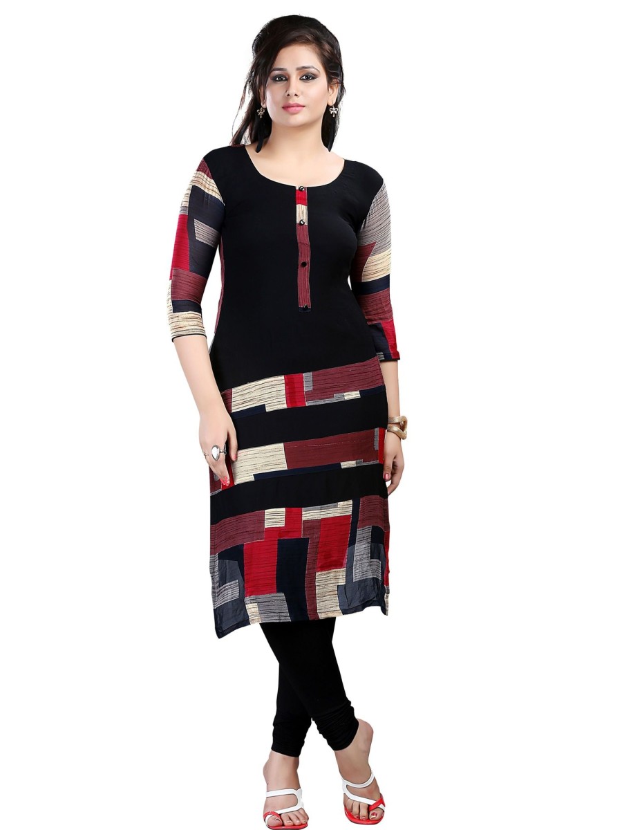 Women Ziyaa | Women'S Color Straight Digital Print Crepe Kurta - Ziyaa Black