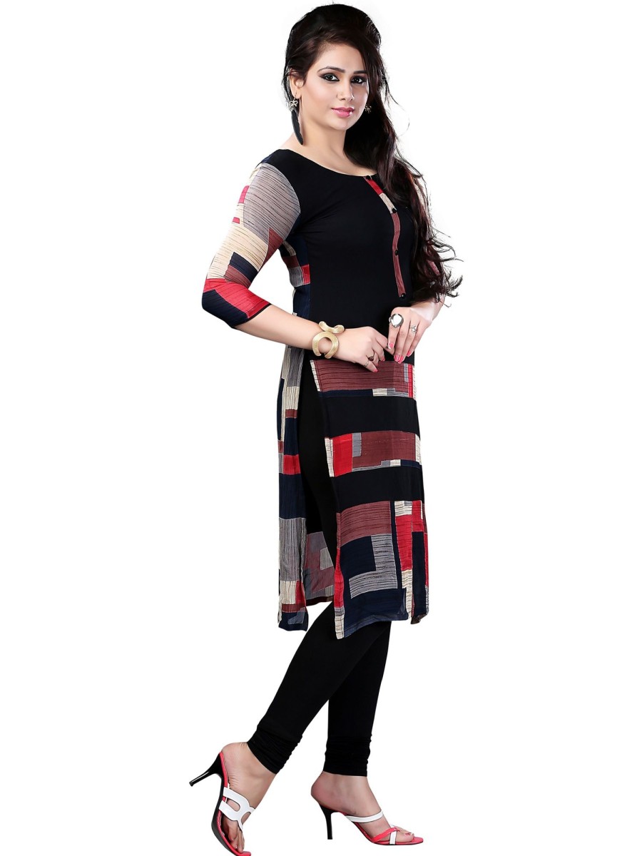 Women Ziyaa | Women'S Color Straight Digital Print Crepe Kurta - Ziyaa Black