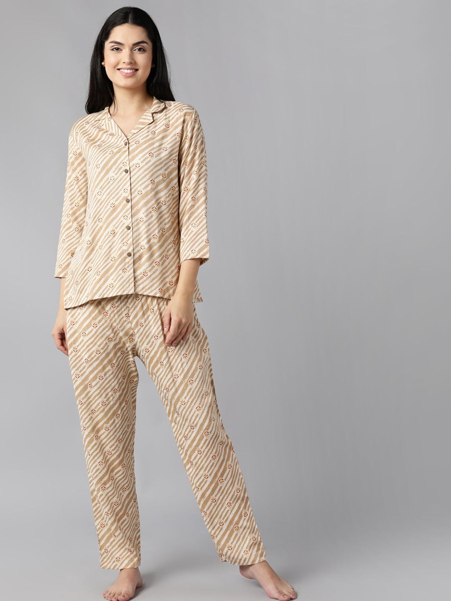 Women Ahika | Women'S Pure Cotton Striped Printed Night Suit - Ahika Beige