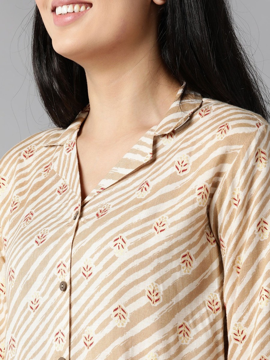 Women Ahika | Women'S Pure Cotton Striped Printed Night Suit - Ahika Beige