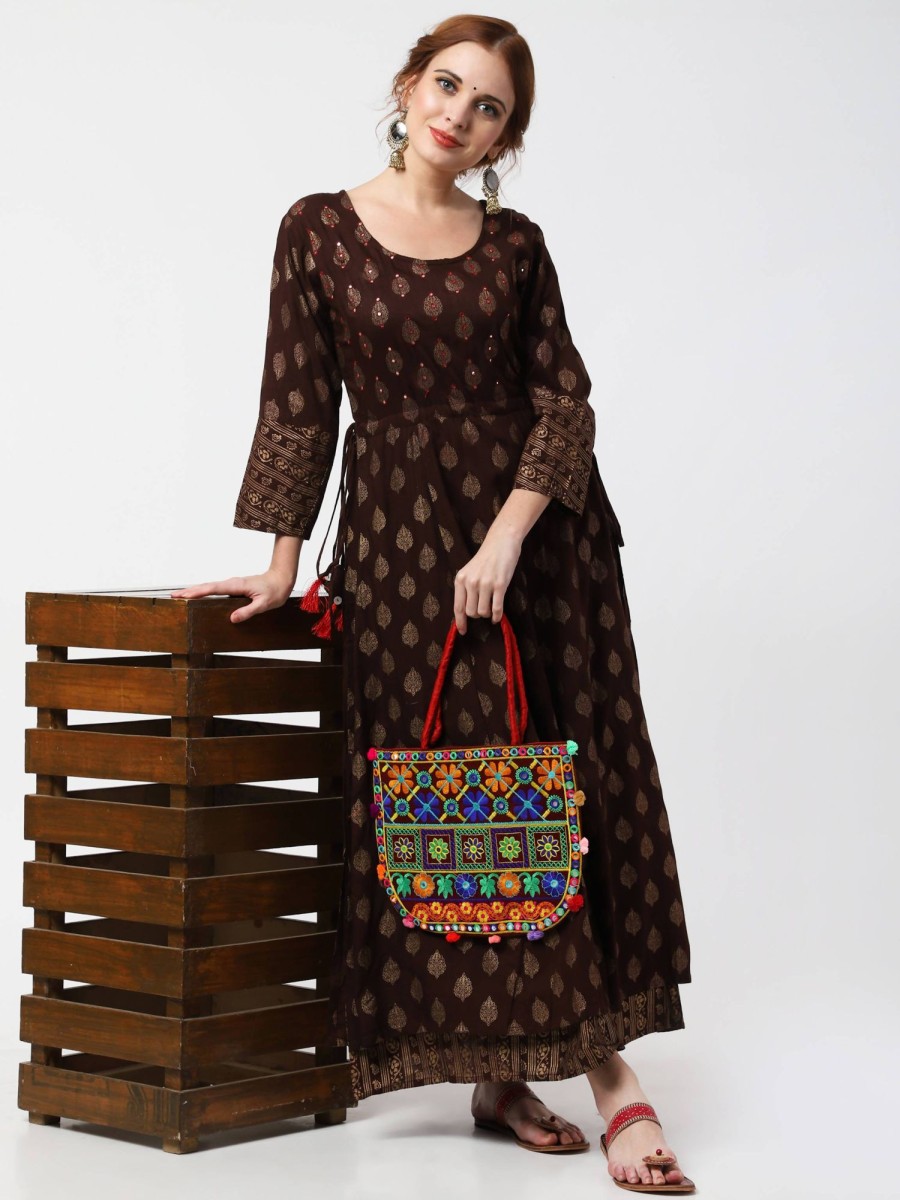 Women CHEERA | Women'S Rayon Chocolate Double Layer Anarkali Kurta Dress - Cheera Brown