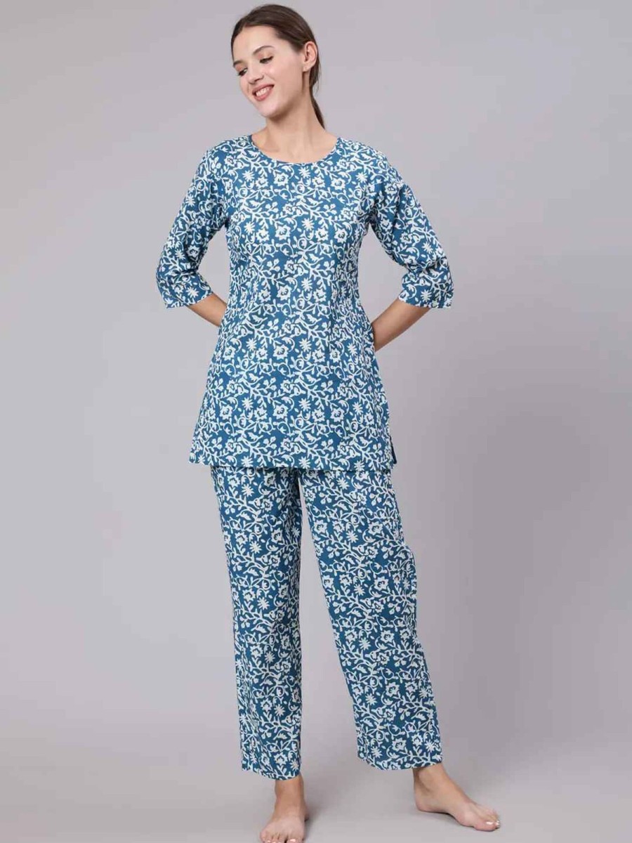 Women THE NKS PLUS | Women'S U0026 White Printed Pure Cotton Night Suit - The Nks Plus Blue