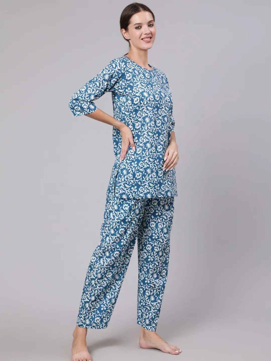 Women THE NKS PLUS | Women'S U0026 White Printed Pure Cotton Night Suit - The Nks Plus Blue