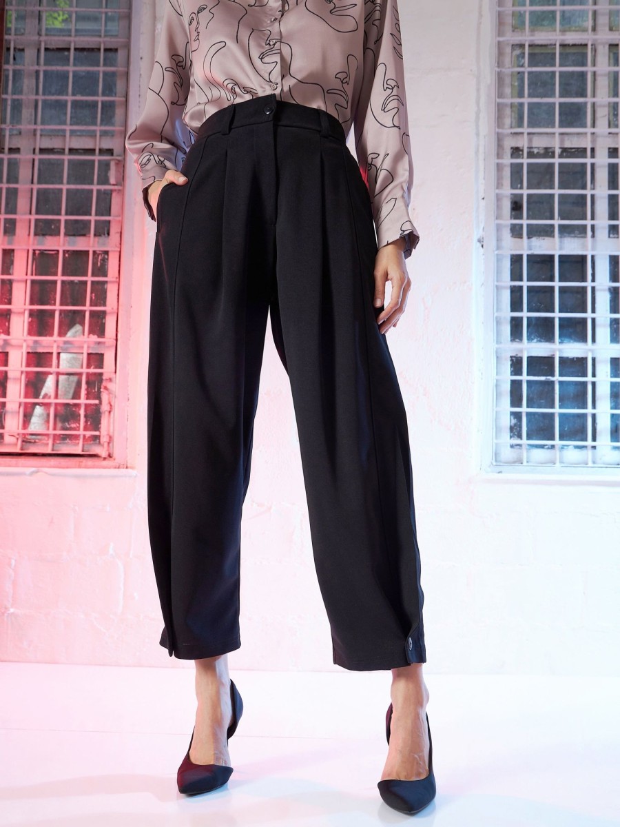 Women Lyush | Women'S Black Button Hem Darted Balloon Pants - Lyush