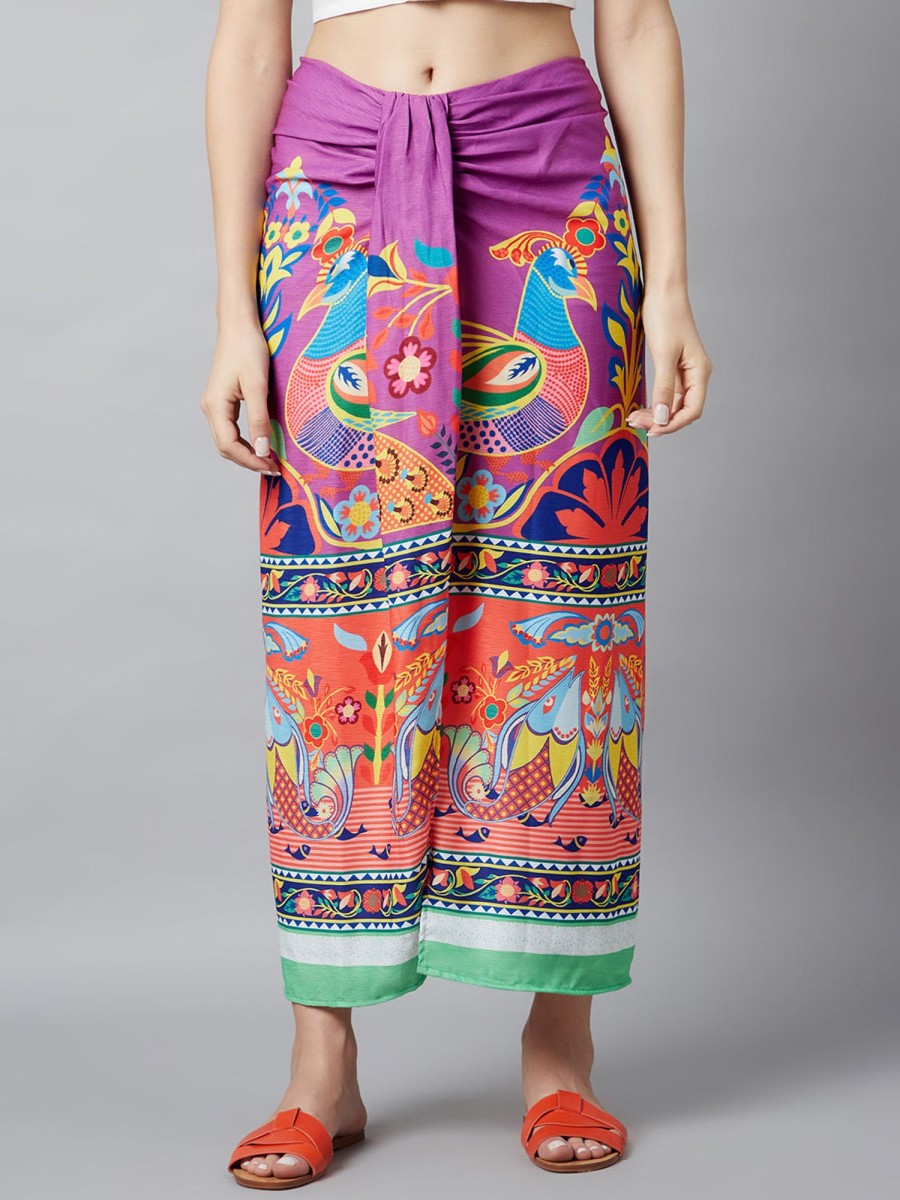 Women AKS | Women'S Digital Print Front Slit Skirt - Aks Purple