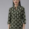 Women Yufta | Women'S Screen Print Potli Buttons Regular Top - Yufta Green