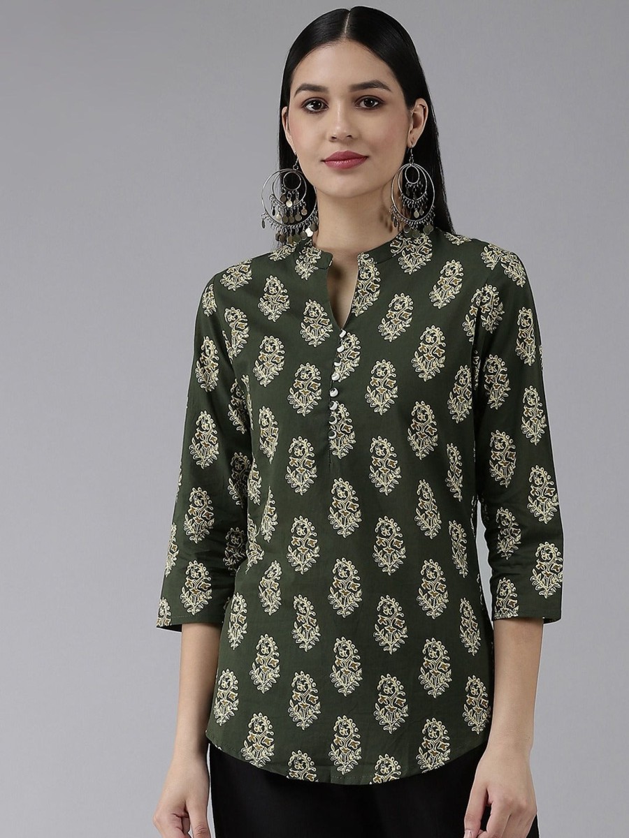 Women Yufta | Women'S Screen Print Potli Buttons Regular Top - Yufta Green