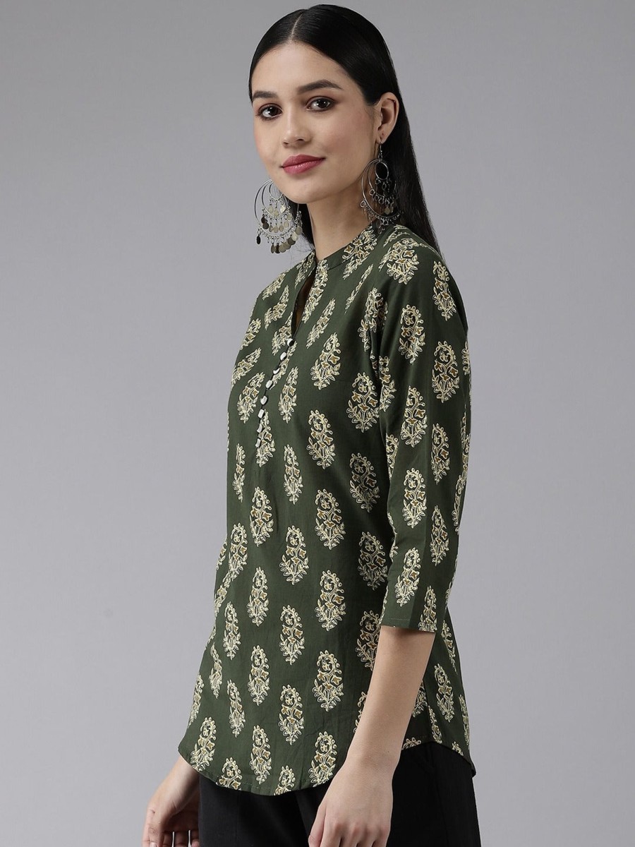 Women Yufta | Women'S Screen Print Potli Buttons Regular Top - Yufta Green