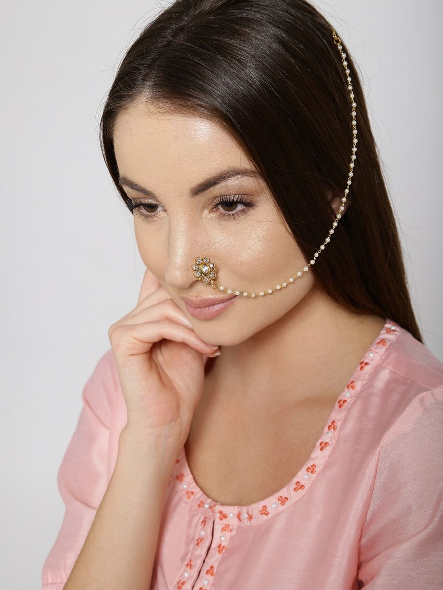 Jewellery Priyaasi | Kundan Nose Ring/ Nath With Pearl Chain By Priyaasi