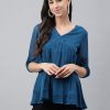 Women Janasya | Women'S Solid Teal Dobby Chiffon Tops - Janasya Blue