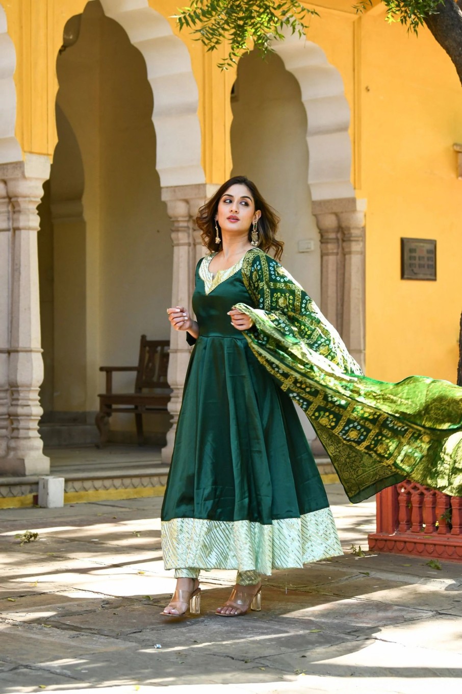 Women SARAS THE LABEL | Women'S Bottle Green Anarkali Suit With Dupatta- (3Pc Set) - Saras The Label