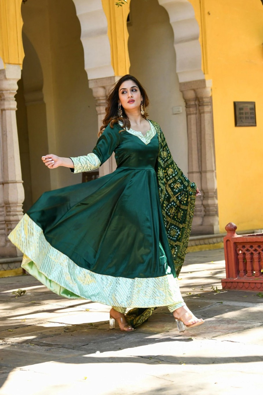 Women SARAS THE LABEL | Women'S Bottle Green Anarkali Suit With Dupatta- (3Pc Set) - Saras The Label