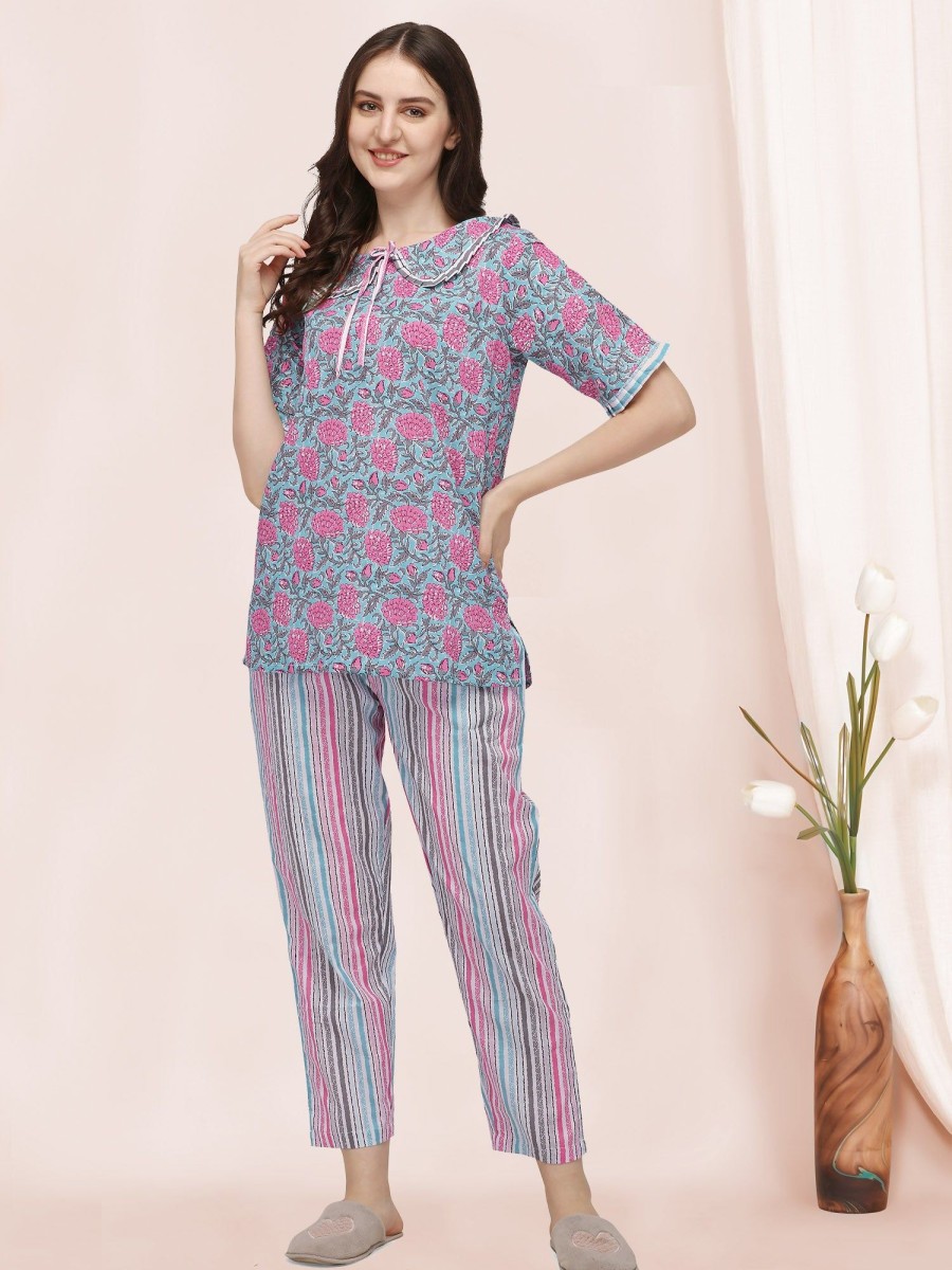 Women MESMORA FASHION | Women'S Sky And Pink Floral Hand Block Printed Cotton Pajama Suit Set - Mesmora Fashion