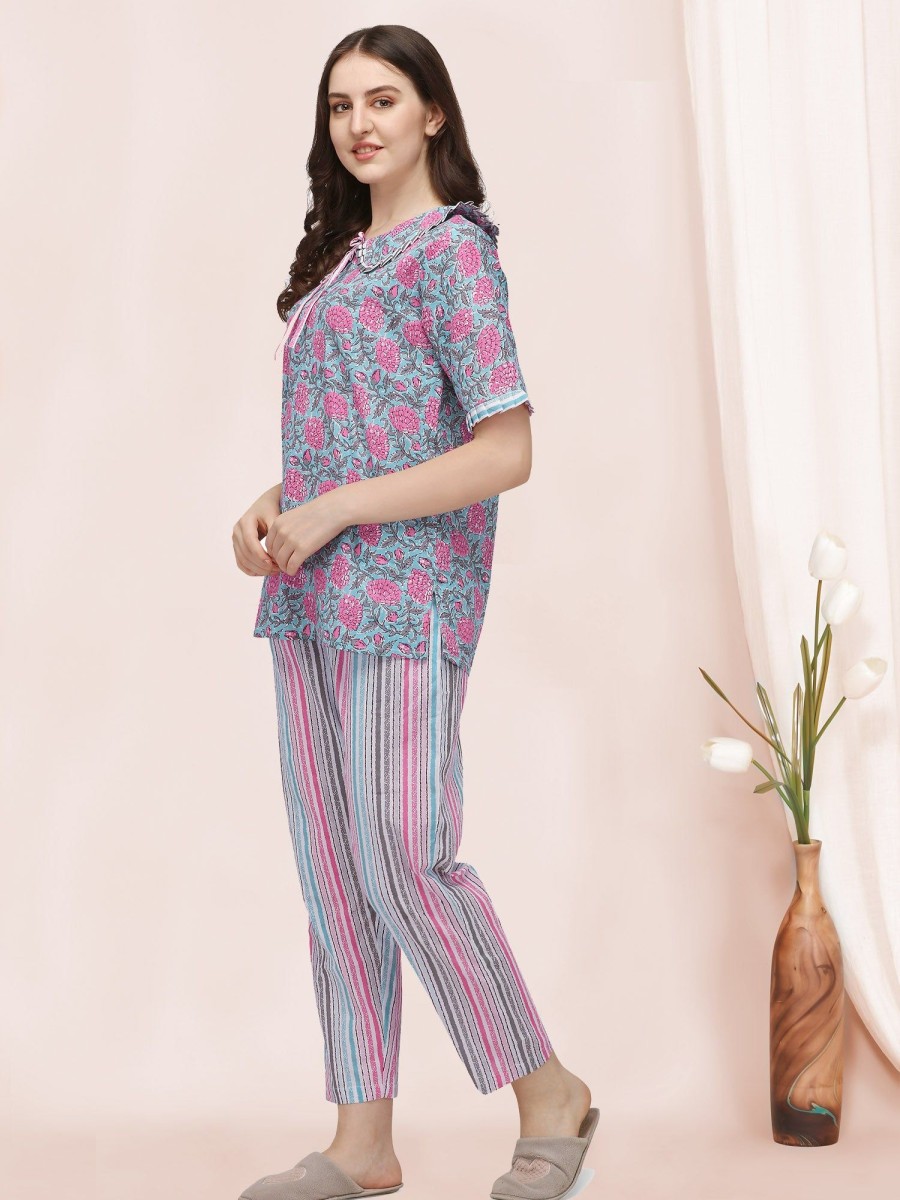 Women MESMORA FASHION | Women'S Sky And Pink Floral Hand Block Printed Cotton Pajama Suit Set - Mesmora Fashion