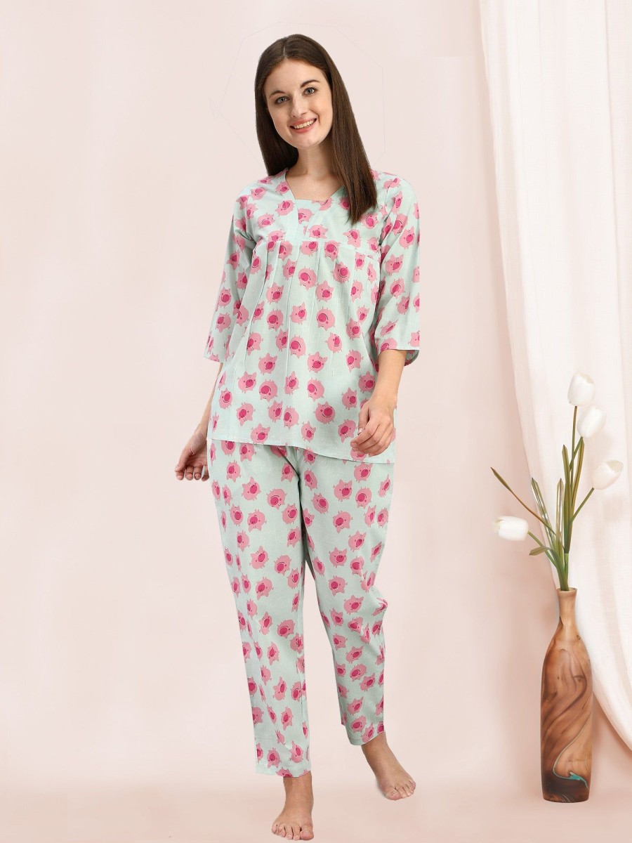 Women MESMORA FASHION | Women'S Blue Panda Quirky Printed Cotton Pajama Set - Mesmora Fashion