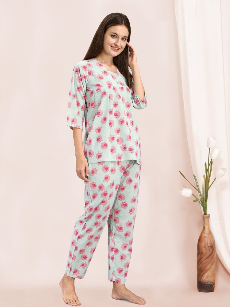 Women MESMORA FASHION | Women'S Blue Panda Quirky Printed Cotton Pajama Set - Mesmora Fashion