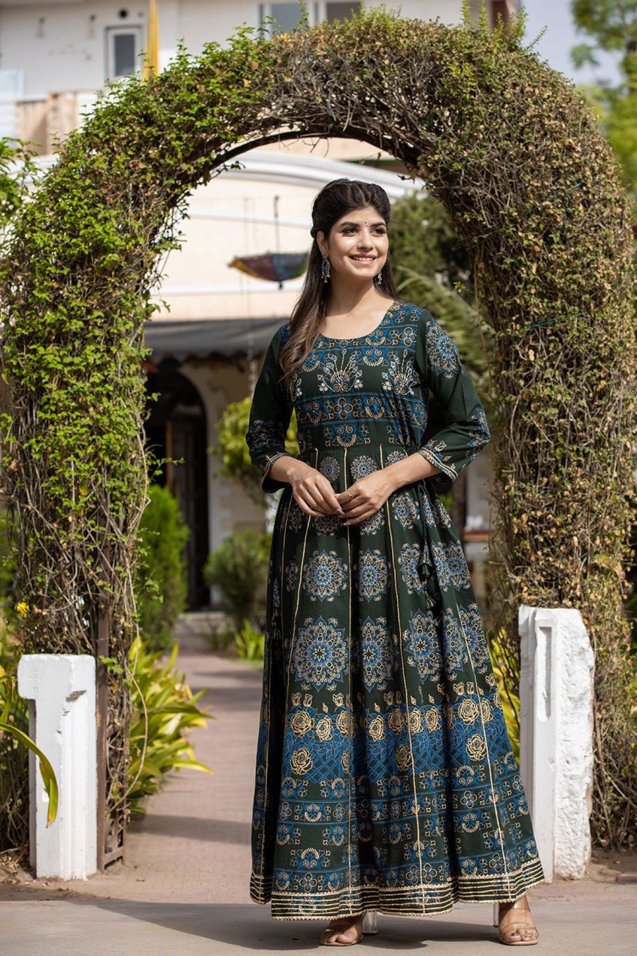 Women KAAJH | Women'S Gold Printed Ethnic Gown - Kaajh Green