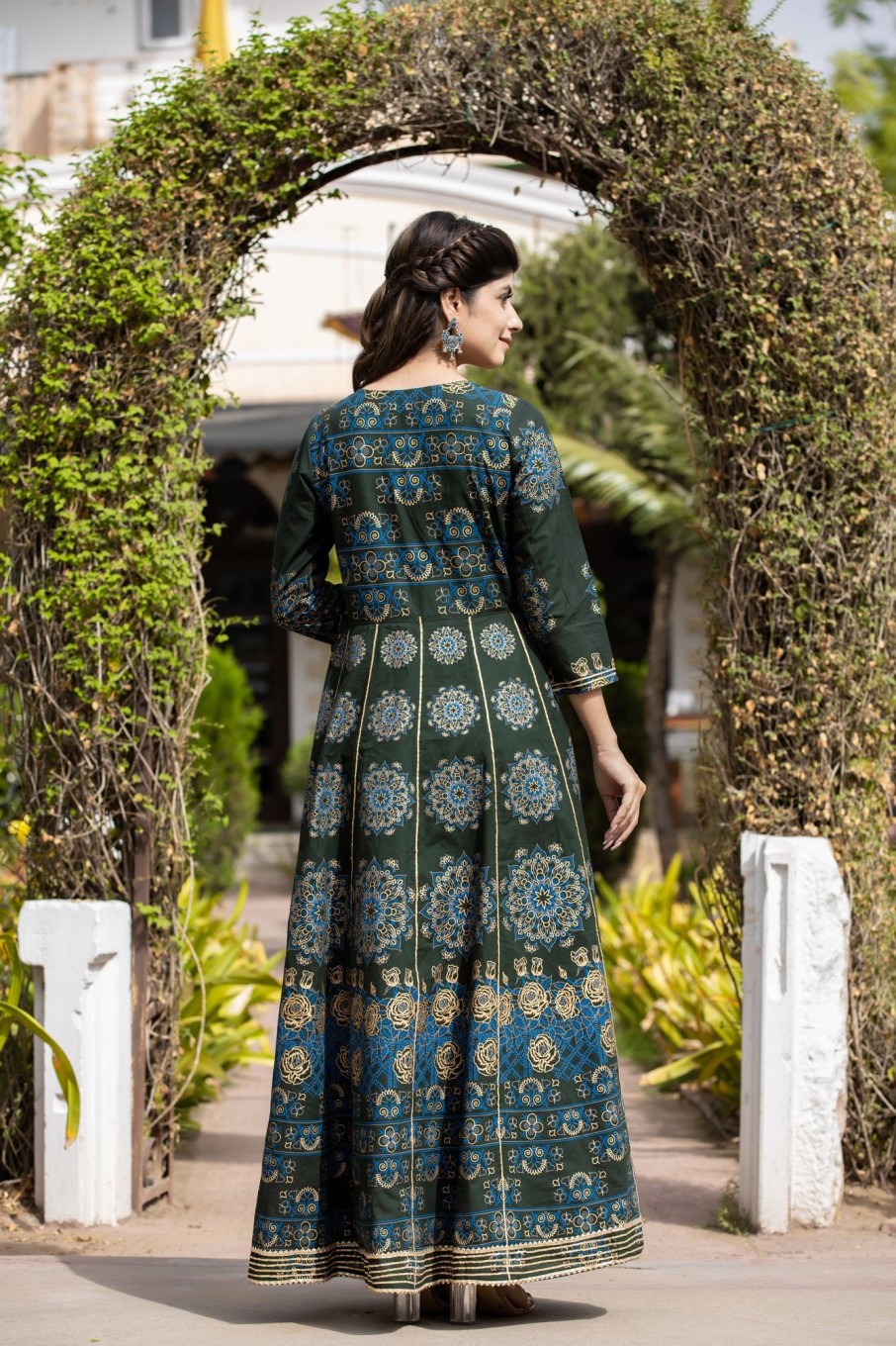 Women KAAJH | Women'S Gold Printed Ethnic Gown - Kaajh Green