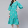 Women Final Clearance Sale | Women'S Poly Rayon Teal Colored Foil Printed Flared Dress - Final Clearance Sale Blue