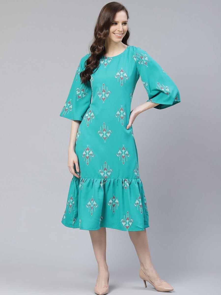 Women Final Clearance Sale | Women'S Poly Rayon Teal Colored Foil Printed Flared Dress - Final Clearance Sale Blue