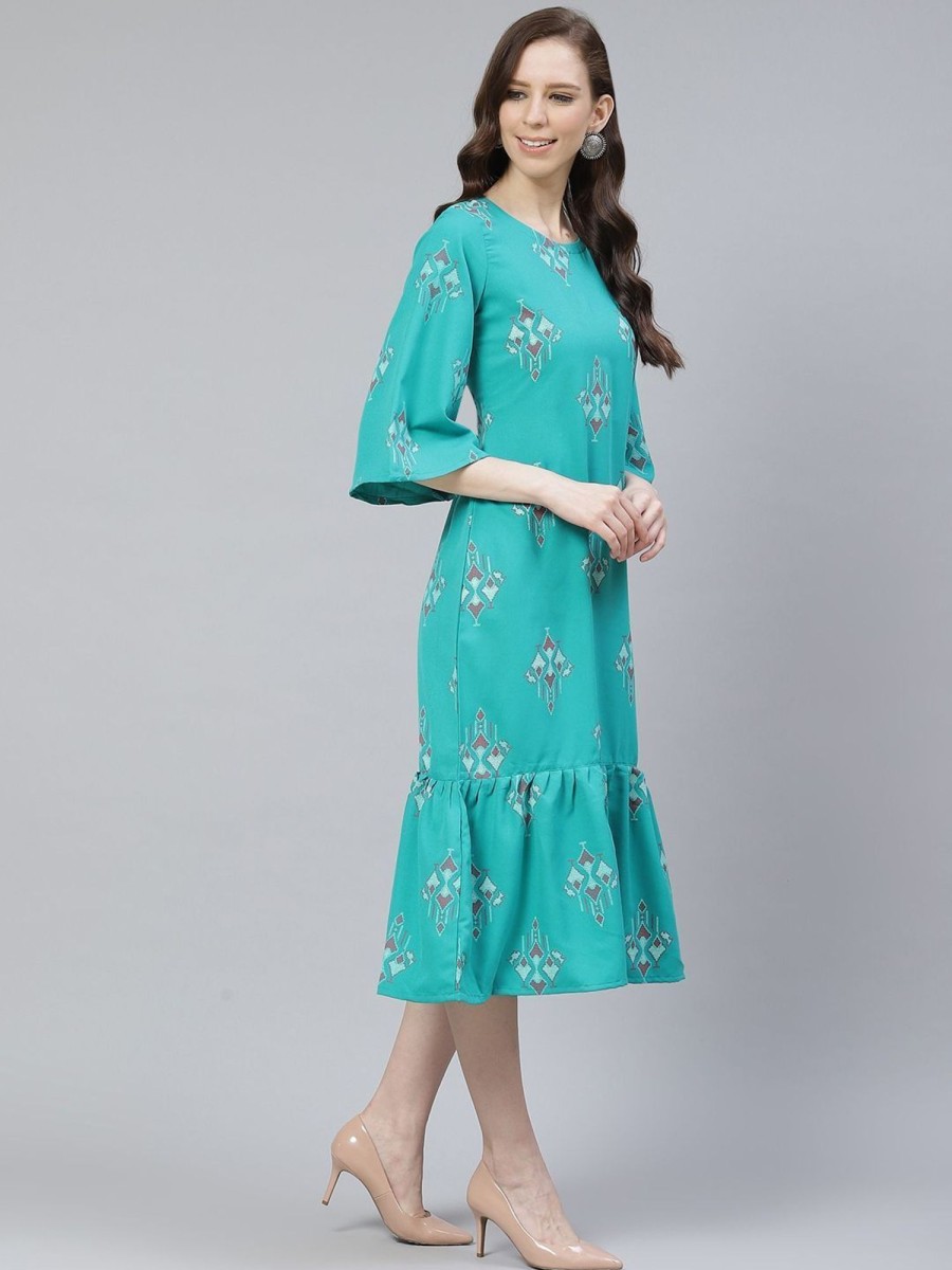 Women Final Clearance Sale | Women'S Poly Rayon Teal Colored Foil Printed Flared Dress - Final Clearance Sale Blue