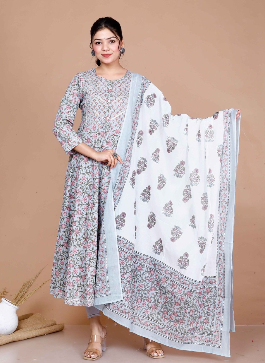 Women Miravan | Women'S Plus Size Printed With Gota Patti Work Anarkali Kurta With Dupatta - Miravan Blue