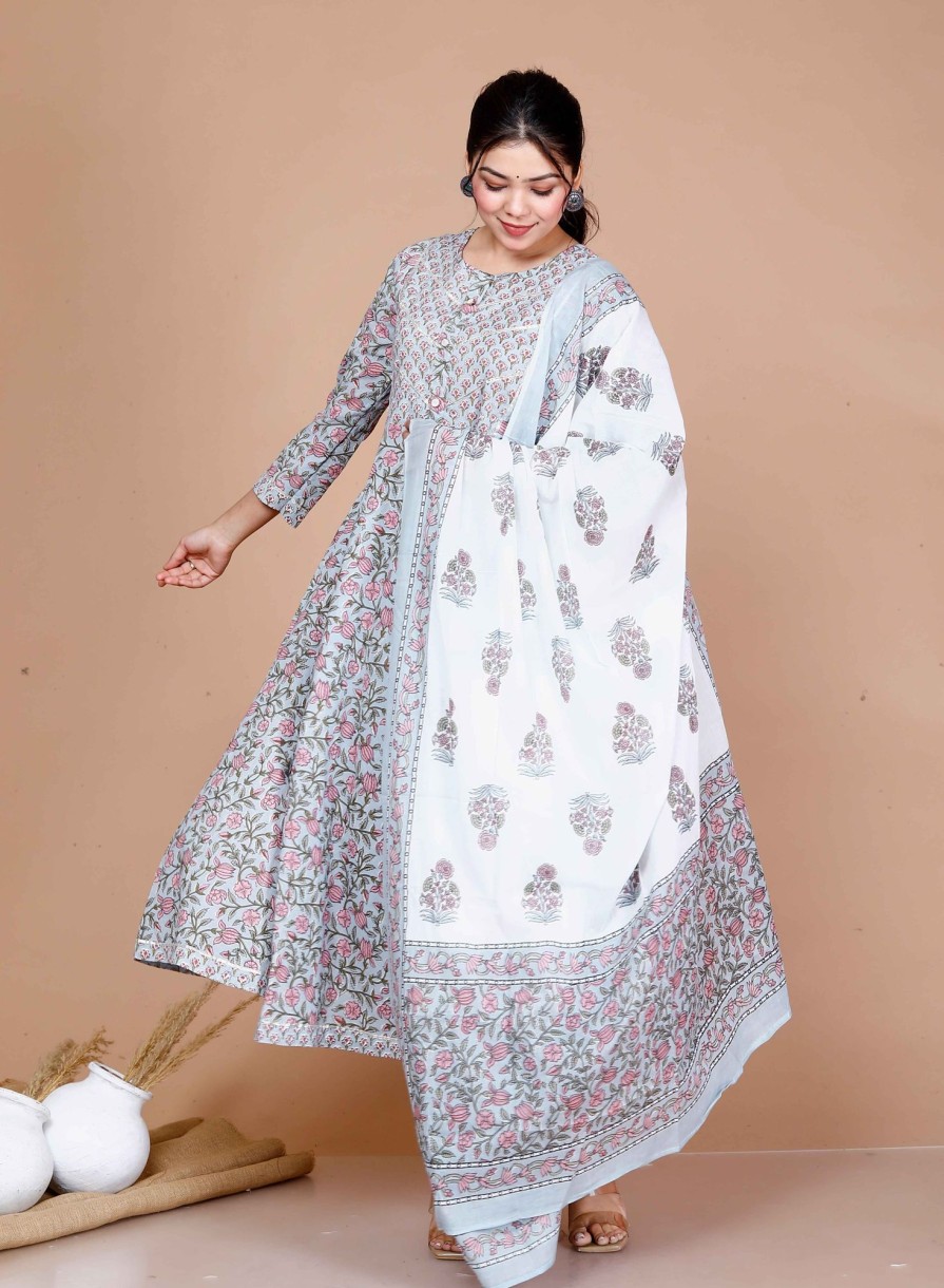 Women Miravan | Women'S Plus Size Printed With Gota Patti Work Anarkali Kurta With Dupatta - Miravan Blue