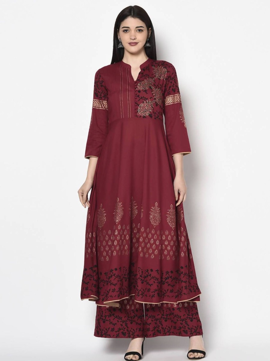 Women Aniyah | Women'S Maroon Rayon Block Print Anarkali Kurta - Aniyah