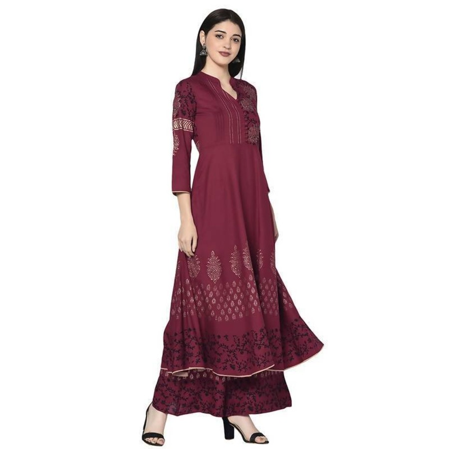 Women Aniyah | Women'S Maroon Rayon Block Print Anarkali Kurta - Aniyah