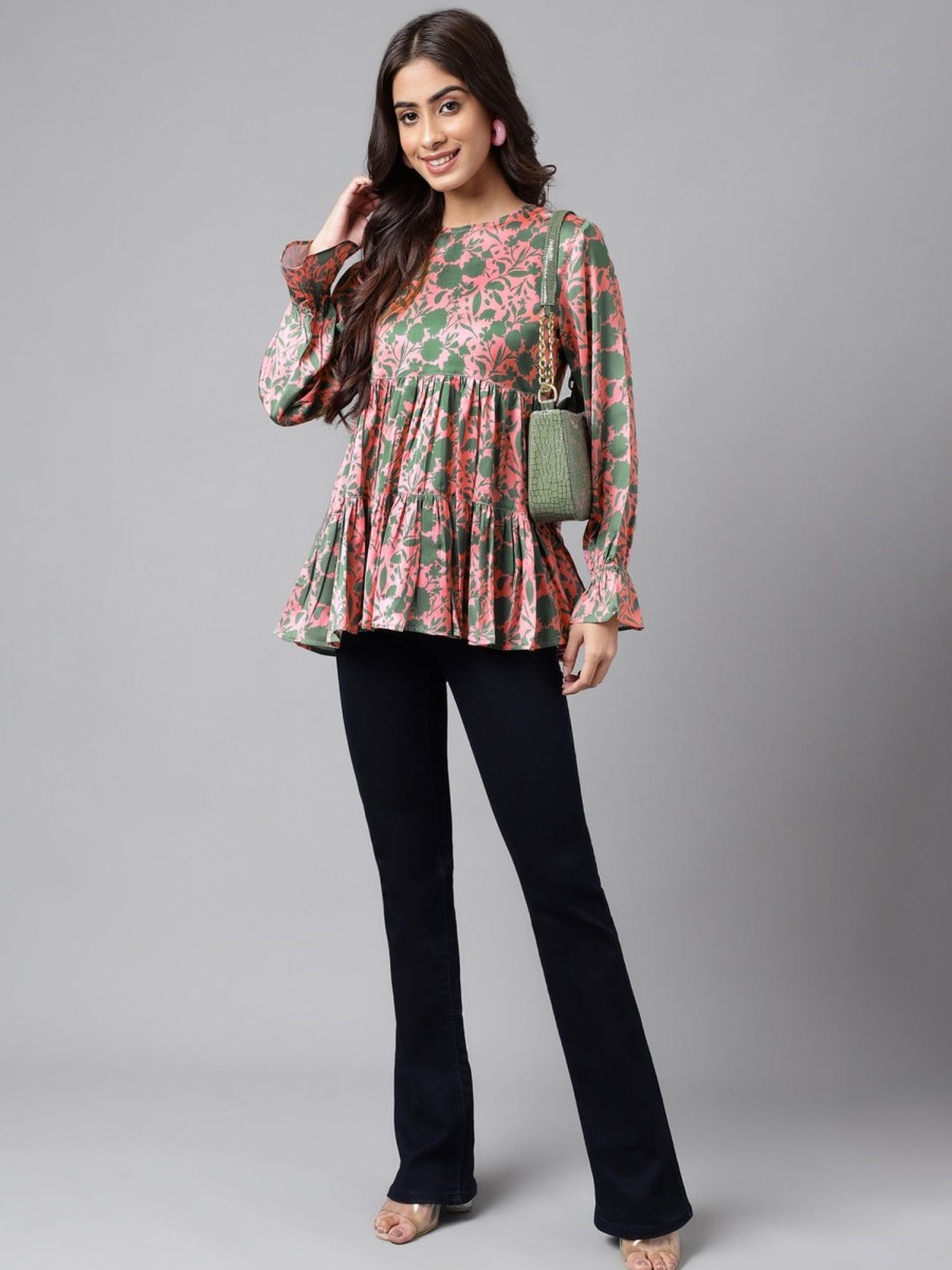 Women Janasya | Women'S Digital Floral Printed Satin Tops - Janasya Pink