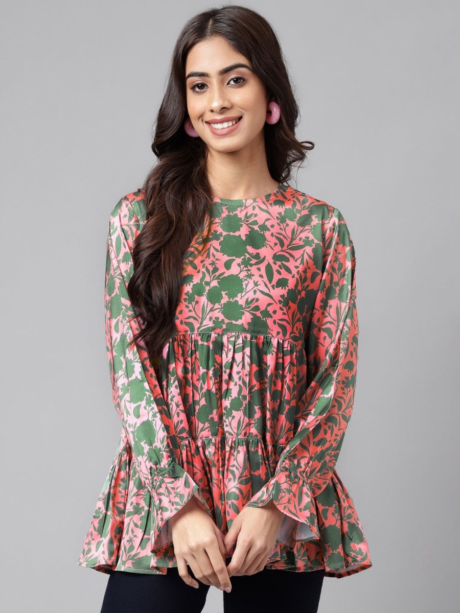 Women Janasya | Women'S Digital Floral Printed Satin Tops - Janasya Pink