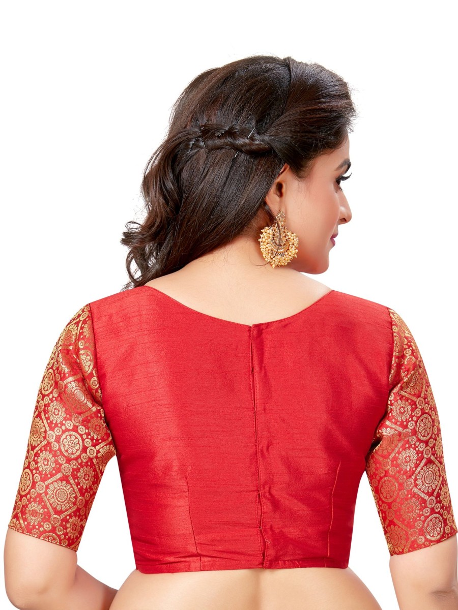 Women Madhu Fashion | Women'S Solid Pattern Womens Readymade Saree Blouse With Elbow Length Brocade Sleeves - Madhu Fashion Red