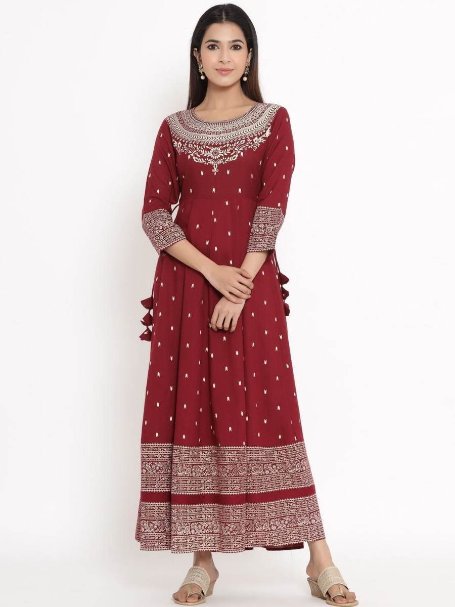 Women Kipek | Women'S Rayon Anarkali Kurta By Kipek (1Pc) Maroon