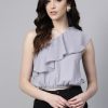 Women SASSAFRAS | Women'S Grey One Shoulder Crop Top - Sassafras