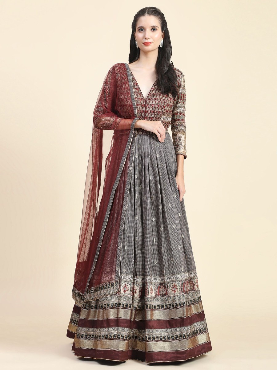 Women Phenav | Women'S Embroidred Detailed Silk Fit Flare Ethnic Gown - Phenav Grey