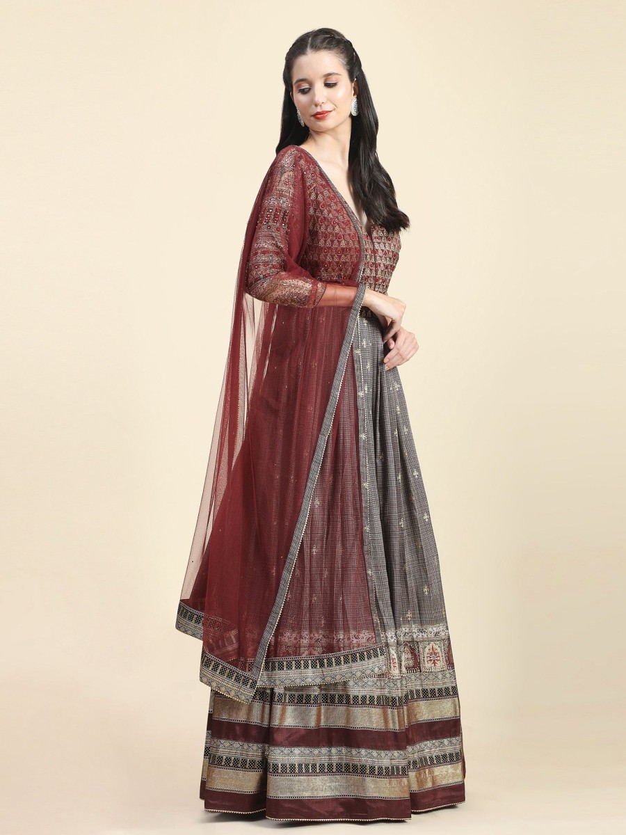 Women Phenav | Women'S Embroidred Detailed Silk Fit Flare Ethnic Gown - Phenav Grey