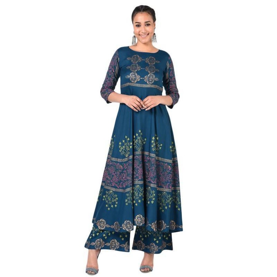 Women Aniyah | Women'S Floral Print Flared Kurta - Aniyah Blue