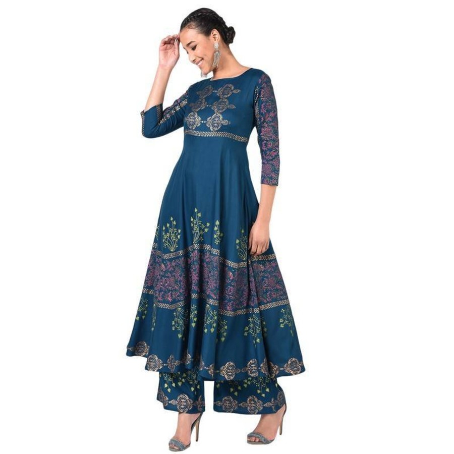 Women Aniyah | Women'S Floral Print Flared Kurta - Aniyah Blue