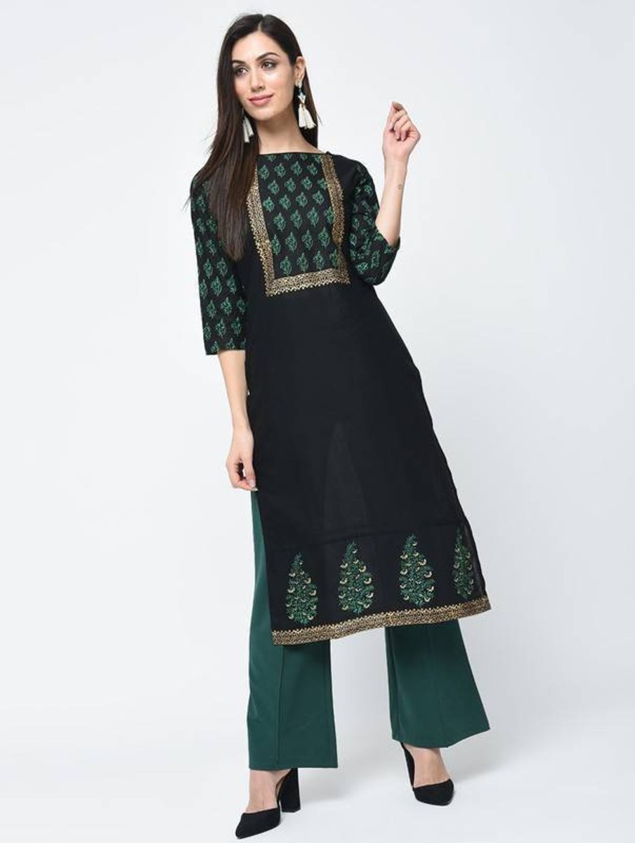 Women Aniyah | Women'S Block Printed Straight Kurta - Aniyah Black