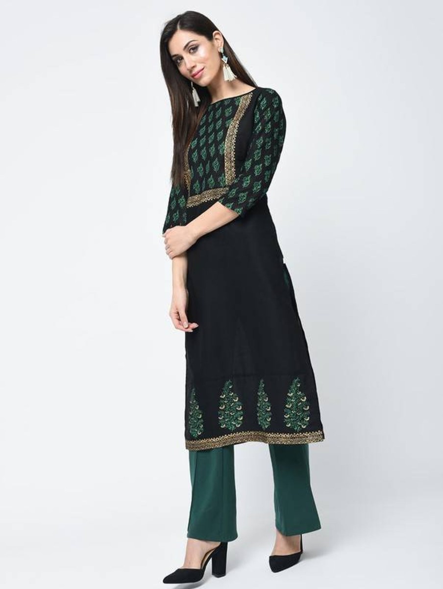 Women Aniyah | Women'S Block Printed Straight Kurta - Aniyah Black