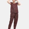 Women MESMORA FASHION | Women'S Deep Wine Cotton Night Suit Set - Mesmora Fashions