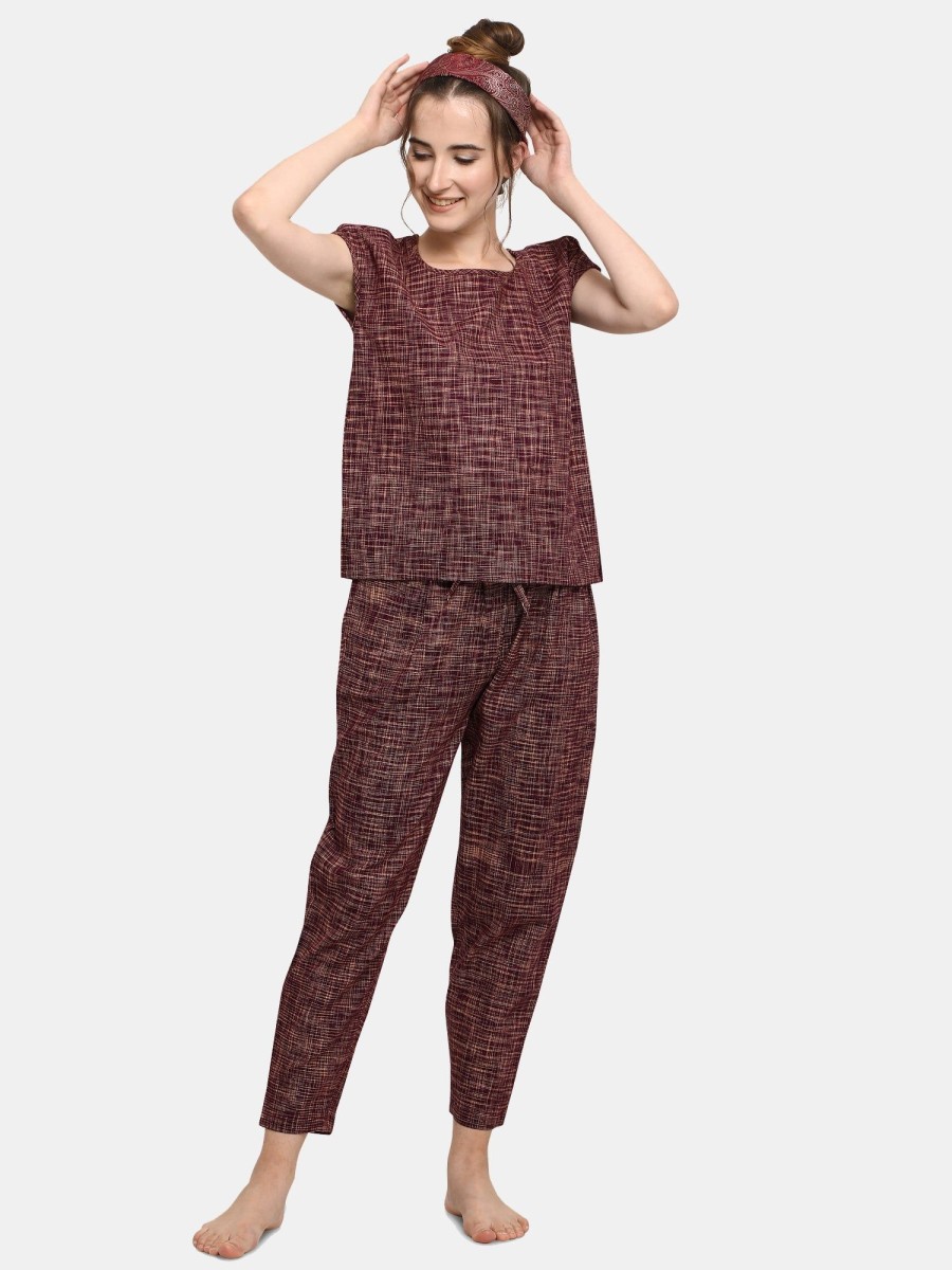 Women MESMORA FASHION | Women'S Deep Wine Cotton Night Suit Set - Mesmora Fashions