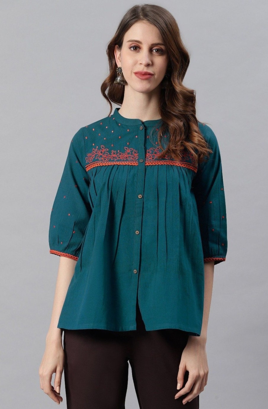 Women Janasya | Women'S Teal Cotton Flex Top-Janasya