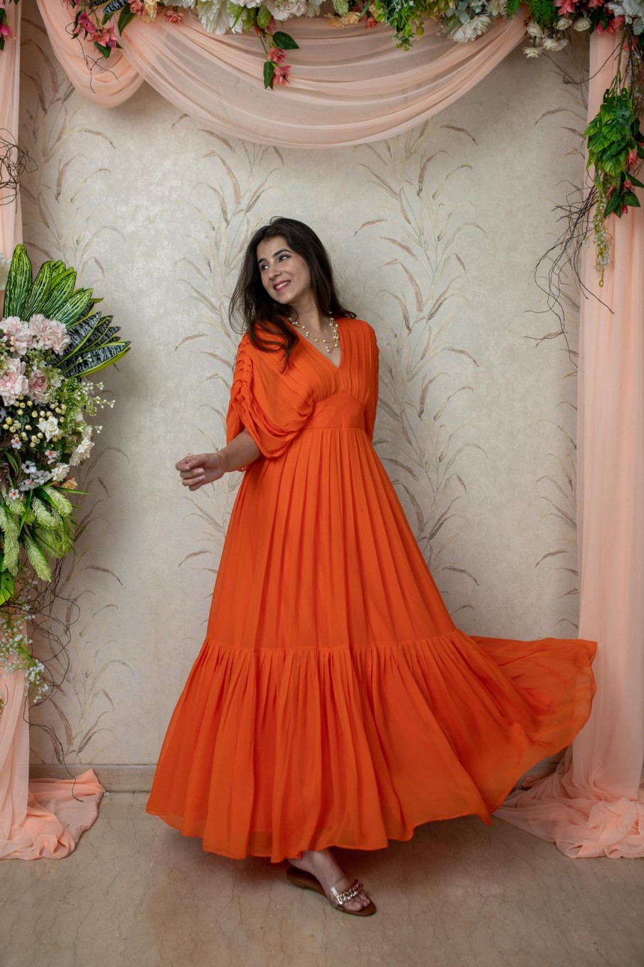 Women Label Shaurya Sanadhya | Women'S Orange Pleated Gown - Label Shaurya Sanadhya