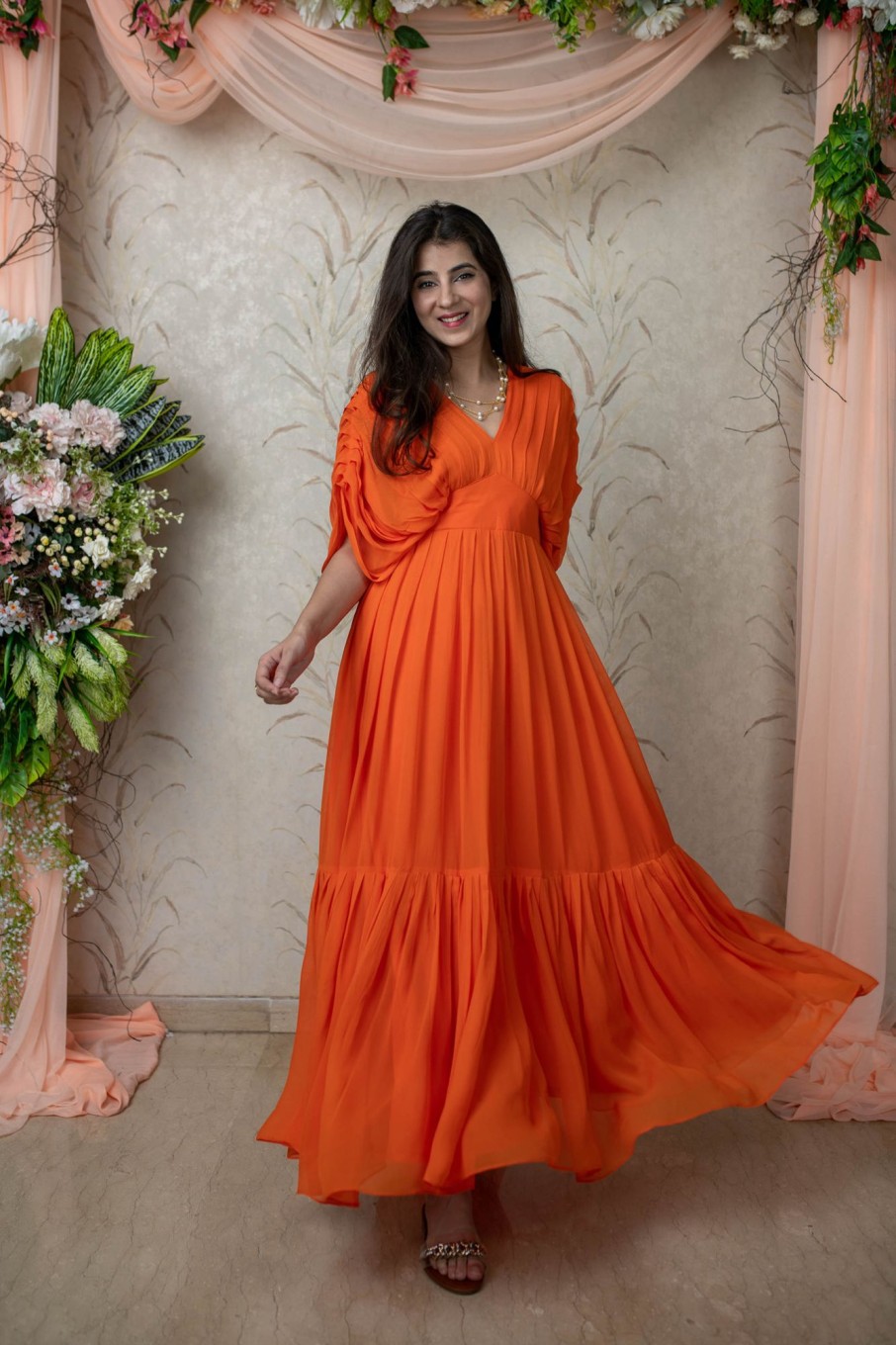 Women Label Shaurya Sanadhya | Women'S Orange Pleated Gown - Label Shaurya Sanadhya