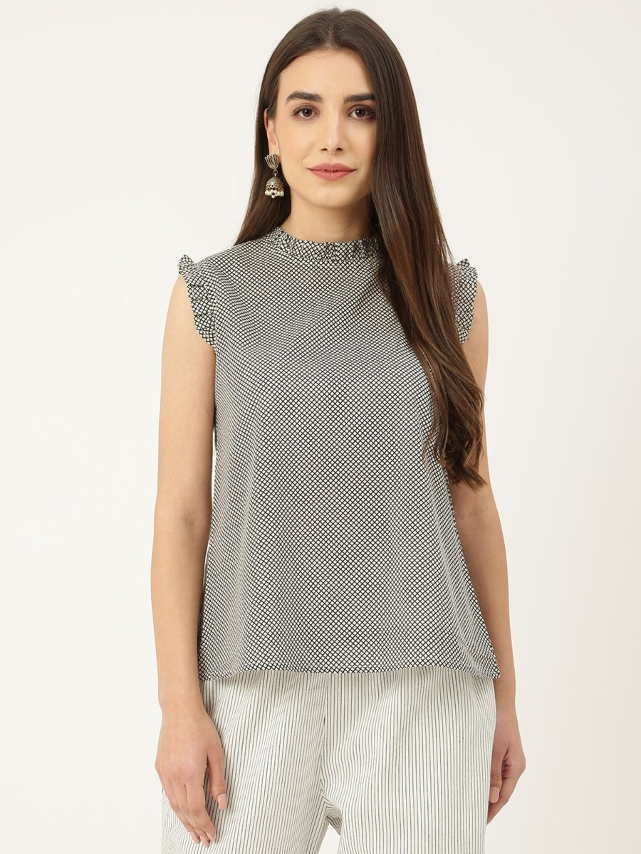 Women DECKEDUP | Women'S Black Checked High Neck Aline Top With Ruffles On Neck And Armhole, Sleeveless With Back Openable One Button. - Deckedup White