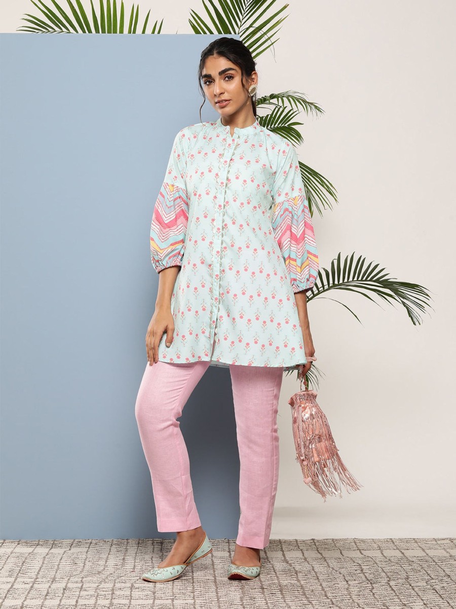 Women Ahalyaa | Women'S Mint Crepe Printed Tunic - Ahalyaa Green