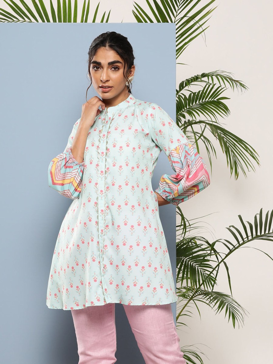 Women Ahalyaa | Women'S Mint Crepe Printed Tunic - Ahalyaa Green