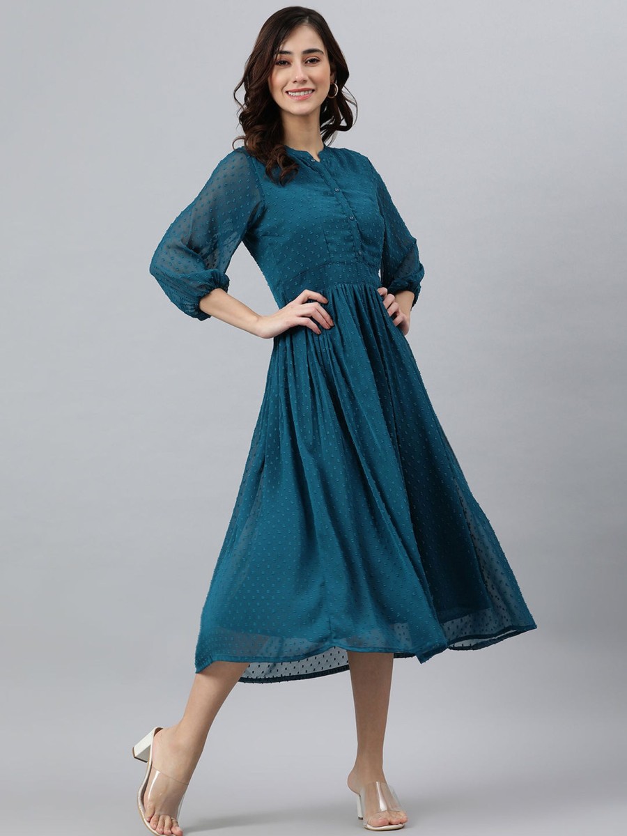 Women Janasya | Women'S Teal Poly Chiffon Kurta - Janasya Blue