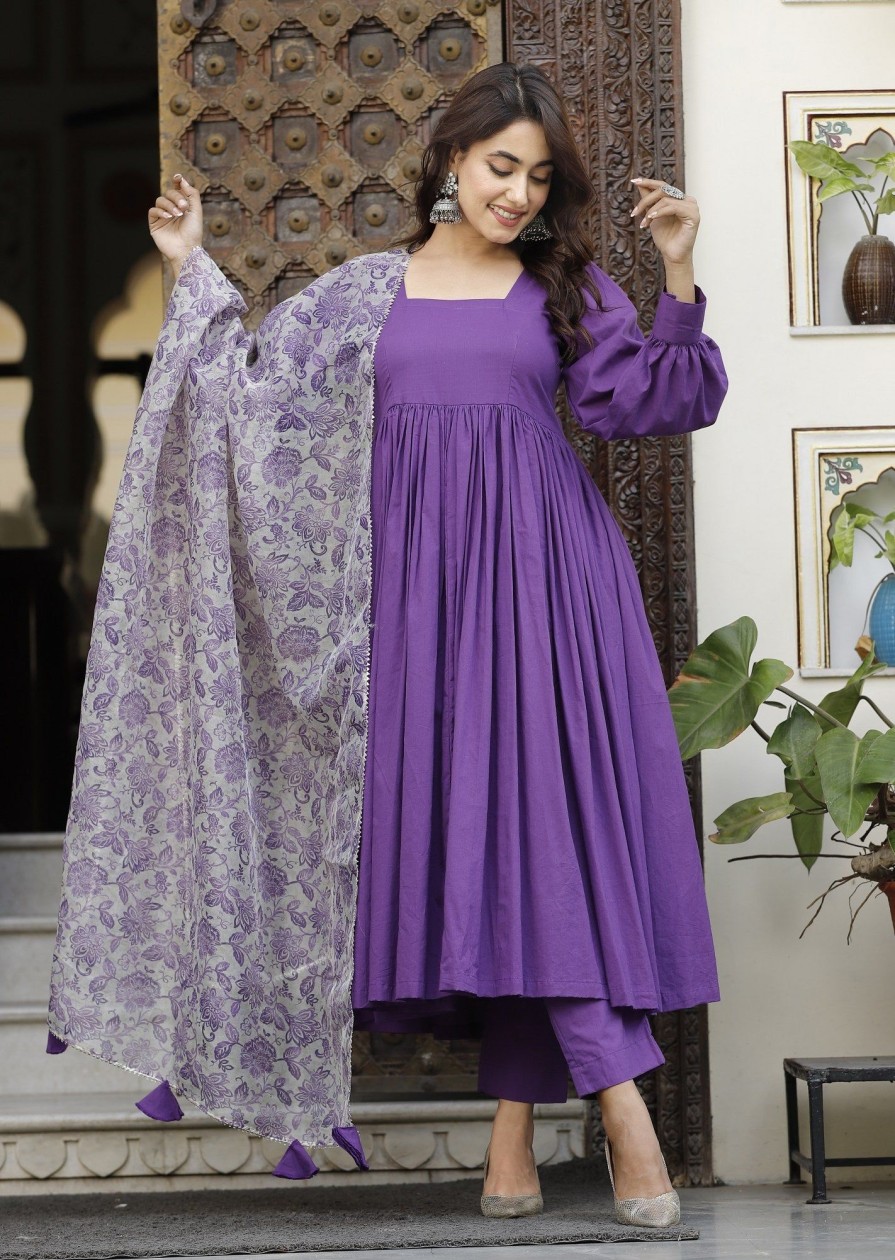 Women Lado Jaipuri | Women'S Pretty Purpal Cotton Anarkali Set - Lado Jaipuri Purple